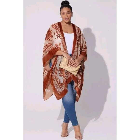 torrid Tops - Torrid Womens One Size Multicolor Floral Velvet Burnout Ruana Open Kimono Boho